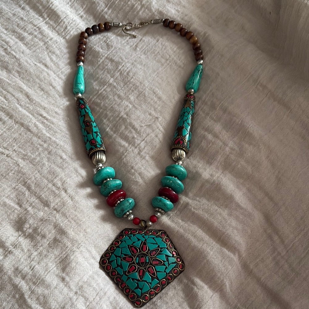 Turquoise and Red Beaded Necklace